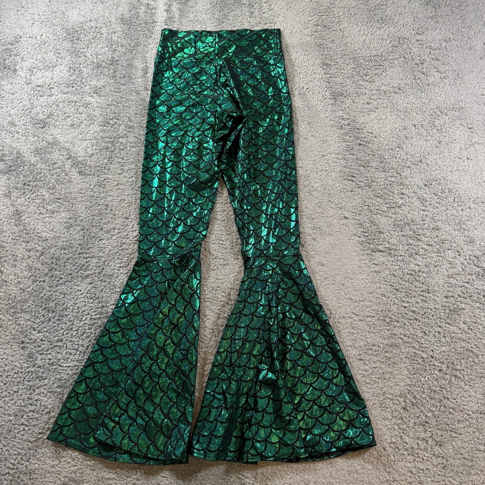 Green Mermaid Scale Bell Bottom Flare Pants Metallic High Waist Festival Rave